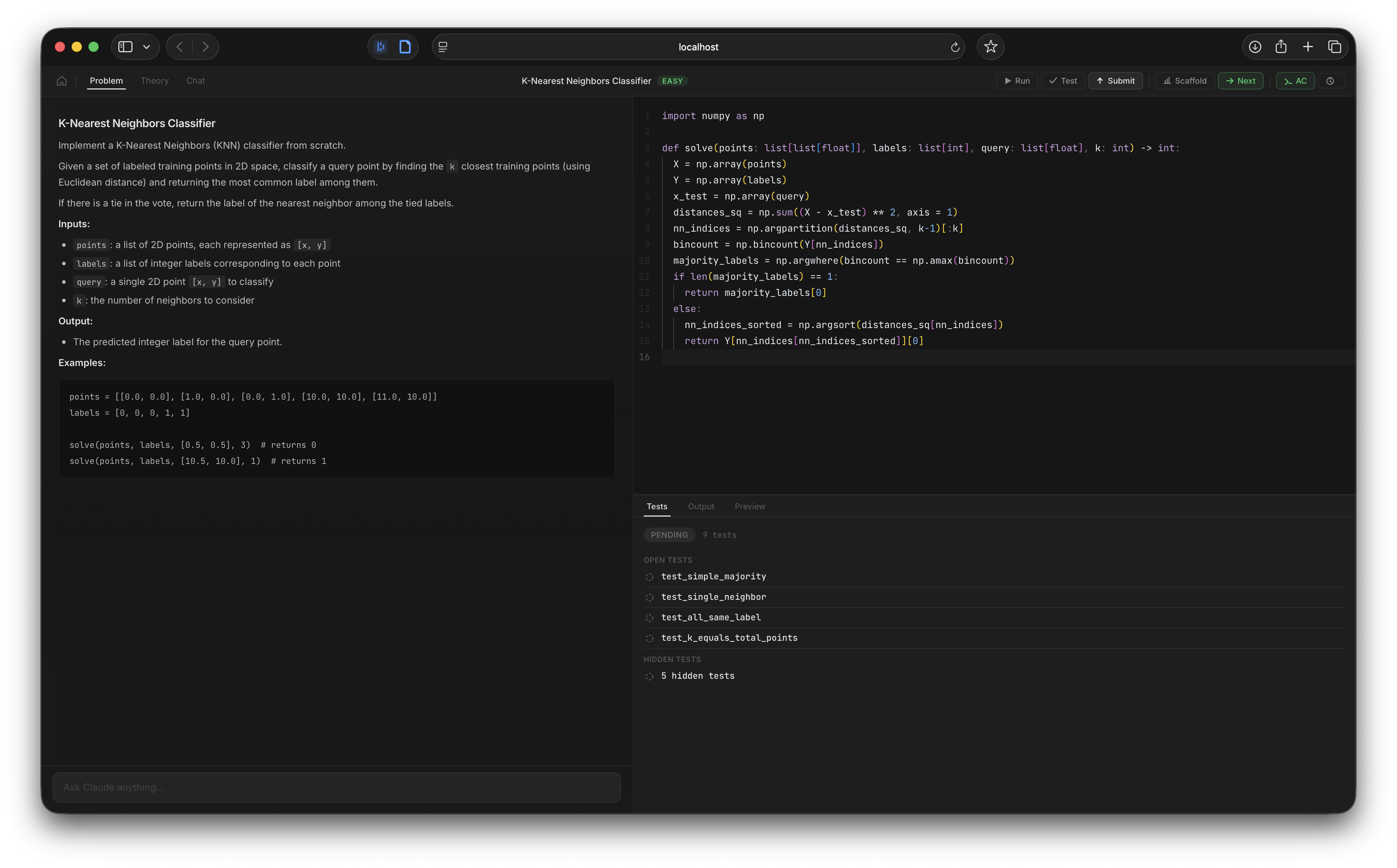 autocurricula — K-Nearest Neighbors Classifier problem with code editor and test results